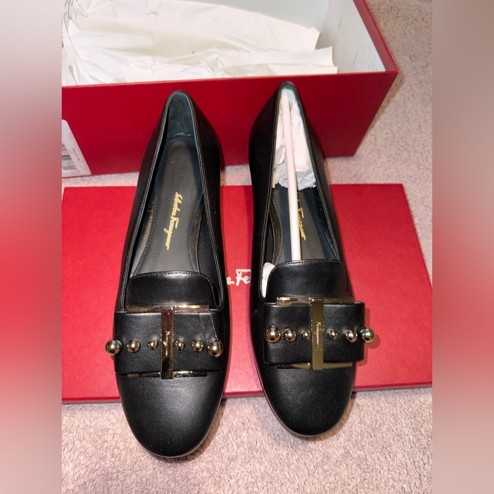Salvatore Ferragamo Black Loafers with Gold Detailing